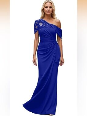 Royal Blue One Shoulder Mermaid Gown | Lace Appliqué Corset Back Formal Evening
